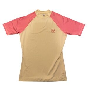 Roxy‎ Womens XL Rash Guard Short Sleeve Swim Top Yellow Pink Logo Surfing Beach